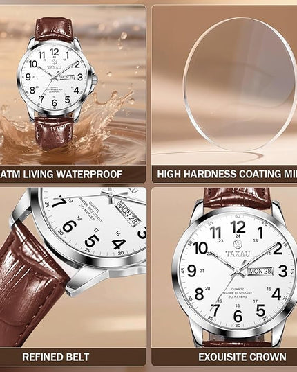 Men's Watches Leather Band Stainless Steel Quartz Analog Watch Luxury Waterproof Watches for Men Dress Men's Wrist Watch with Day Date Arabic Numeral Relojes para Hombre