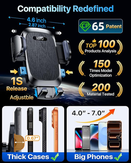 HTU 【98+LBS Strongest Suction & Military-Grade】 Ultimate Car Phone Mount【Patent & Safety Certs】 Cell Phone Holder Truck Stand for Dashboard Windshield Vent for iPhone 17 Pro Max 16 15 Samsung (Black)