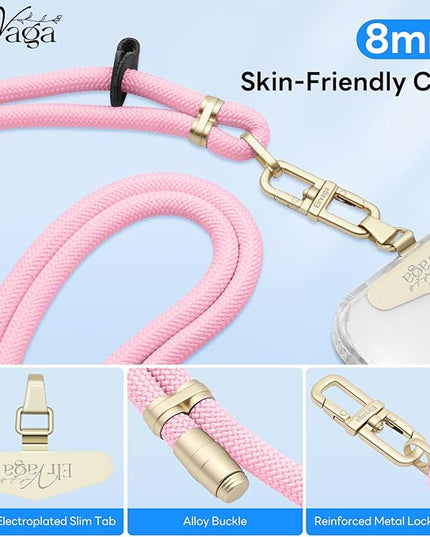 Adjustable Anti-Theft Phone Lanyard Neck & Crossbody Strap with 0.2mm Metal Tab & Comfort-Fit 8mm Rope (Light Pink)