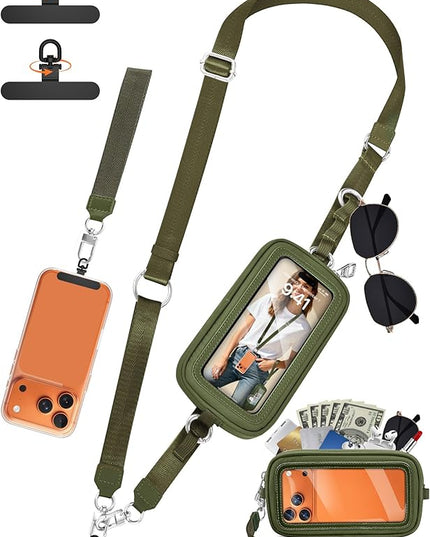 takyu Clip and Go Strap for Phone with Wallet Crossbody, 4-in-1 Hands-Free Phone Lanyard with Detachable Wallet Wrist Strap, Convertible Crossbody Bags with ID Window for Women Travel, Forest Green
