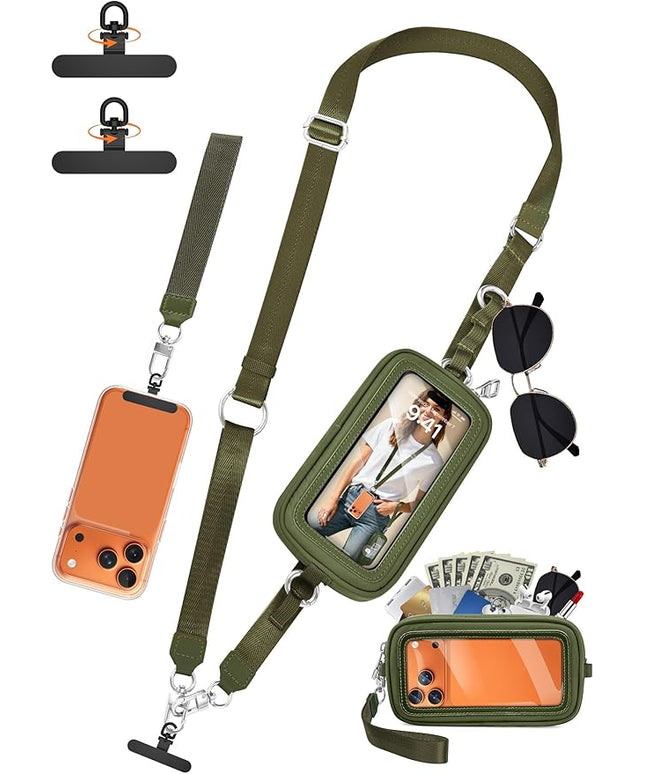 takyu Clip and Go Strap for Phone with Wallet Crossbody, 4-in-1 Hands-Free Phone Lanyard with Detachable Wallet Wrist Strap, Convertible Crossbody Bags with ID Window for Women Travel, Forest Green