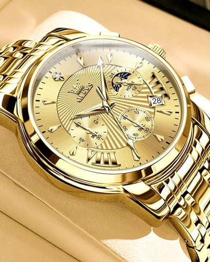 OLEVS Men's Luxury Watch Waterproof Luminous Easy Read Chronograph Watches Full Gold/White Dail/Black Face with Calendar Wristwatch
