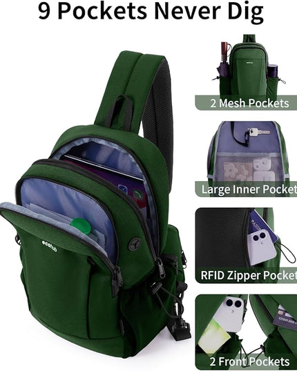 ECOHUB Anti-Theft Crossbody Bag Men Women, RFID Blocking Lightweight Sling Backpack Eco-Friendly with 9 Pockets Sturdy SBS Zippers Water Resistant for Travel Work Hiking Outdoor, Army Green