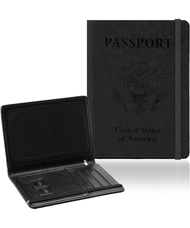 Passport Holder for Travel, RFID Blocking Passport Cover with Pen Holder Leather Passport Wallet Case Travel Must Haves Accessories Passport Book Card Holder for Family Travel Essentials Gifts, Black