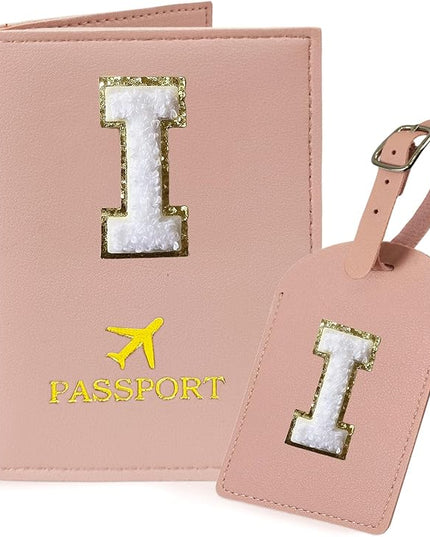 COSHAYSOO Passport Cover and Luggage Tag Set with Her Initial Chenille Letter Patch, Trendy Travel Bag Backpack Suitcase Identifier Gifts for Daughter Mother Sister in Law Pink I