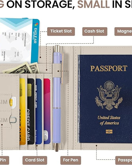 Passport Holder for Travel Essentials, RFID Blocking Leather Cover Wallet with Magnetic Closure, Aesthetic & Cute Passport Book Case for Women and Men - Owl