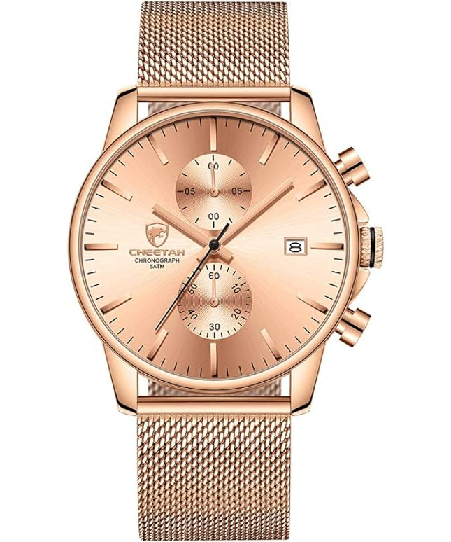 GOLDEN HOUR Mens Watch Fashion Sleek Minimalist Quartz Analog Mesh Stainless Steel Waterproof Chronograph Watches for Men with Auto Date