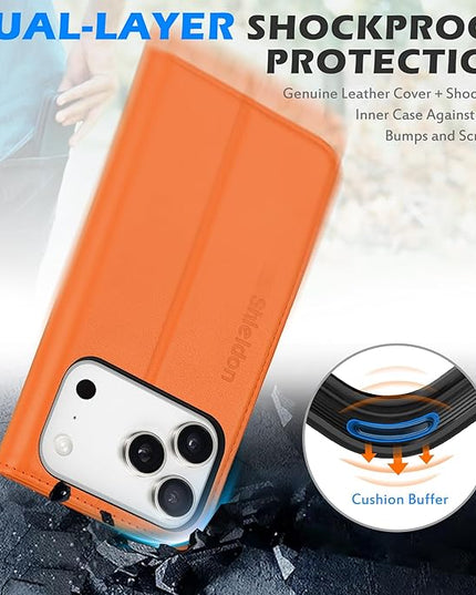 SHIELDON Case Wallet for iPhone 17 Pro 6.3-inch | Genuine Leather, RFID Blocking Credit Card Holder, Magnetic Closure, Folio Design, Kickstand, TPU Soft Full Protective Cover 2025 - Orange
