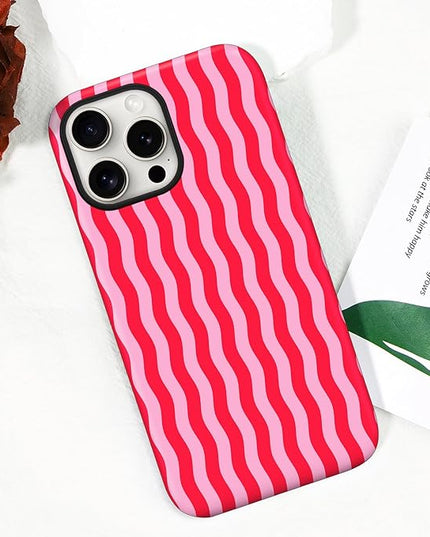 Magnetic for iPhone 15 Case Cute Wavy Stripes Phone Case, Shockproof Slim TPU and Hard PC Protective Phone Cover Compatible with MagSafe Designed for Women Girls, Red