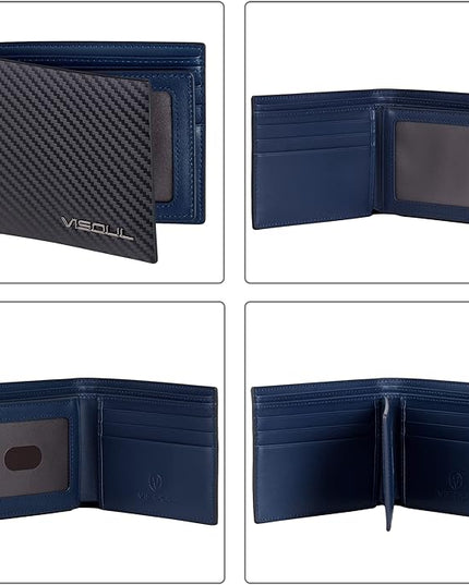 VISOUL Leather Mens Bifold RFID Blocking Wallet with 2 ID Windows, Leather Wallet for Men (Carbon Fiber, Black+Blue)