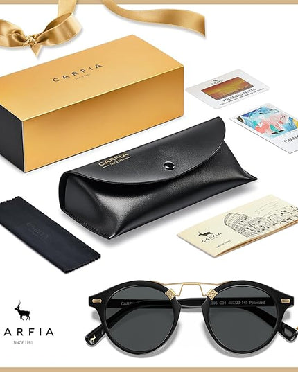 CARFIA Small Face Acetate Polarized Sunglasses for Women UV Protection, Retro Double Bridge Eyewears Metal Brow Round Sunnies
