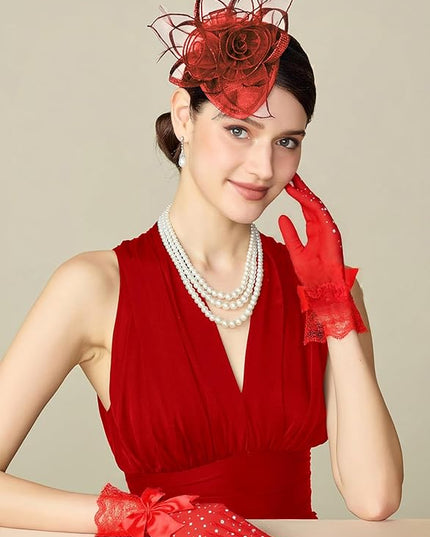 Lace Gloves for Women - Short Bow Rhinestone Tulle Sheer Sparkly Evening Stretchy Gloves for Wedding Opera Party