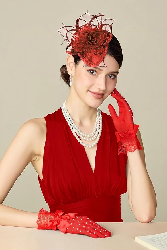 Lace Gloves for Women - Short Bow Rhinestone Tulle Sheer Sparkly Evening Stretchy Gloves for Wedding Opera Party