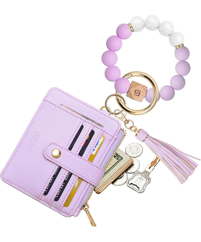 COOLANS Silicone Bracelet Wristlet Wallet Credit Card Holder RFID,ID Window,Key Ring Tassel,Slim Wallet Women Keychain Purse