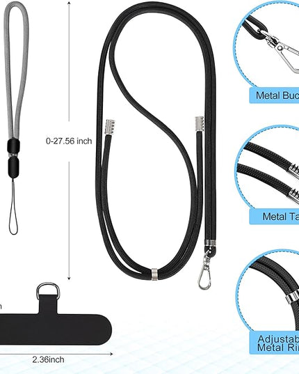 takyu Cell Phone Lanyard, Crossbody Phone Lanyard Adjustable Neck Strap and 2 Pack Phone Wrist Strap with Phone Tether Patches for Most Smartphones-2Black+Grey
