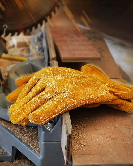 OZERO Leather Work Gloves Flex Grip Tough Cowhide Gardening Glove for Men and Women (Gold With Mesh Lining (1 Pair), X-Large)