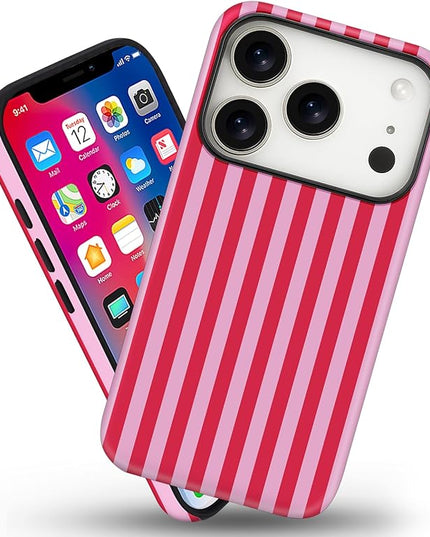 Magnetic for iPhone 17 Pro Max Case Cute Stripes Phone Case, Shockproof Slim TPU and Hard PC Protective Phone Cover Compatible with MagSafe Designed for Women Girls, Pink and White