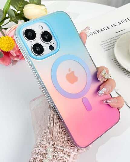 Aesthetic Case for iPhone 16 Pro Max Case for Women Girls, Compatible with Magsafe, Cute Girly Trendy Glitter Sparkly Rainbow Magnetic Protective Phone Cover, Matte Iridescent Blue & Pink