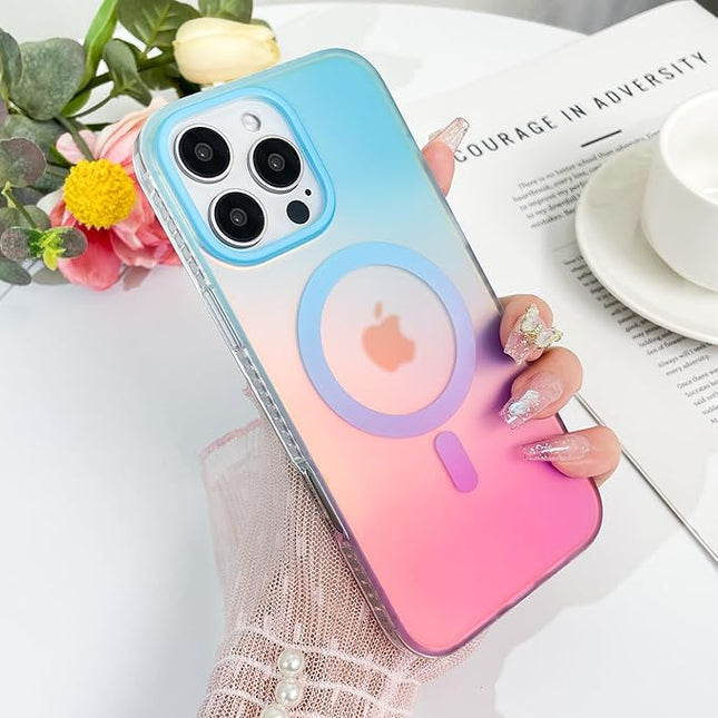 Aesthetic Case for iPhone 16 Pro Max Case for Women Girls, Compatible with Magsafe, Cute Girly Trendy Glitter Sparkly Rainbow Magnetic Protective Phone Cover, Matte Iridescent Blue & Pink