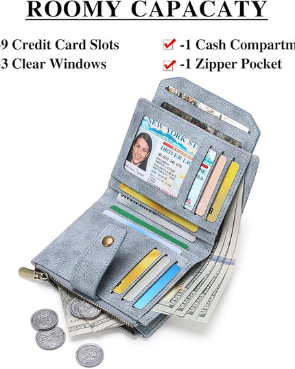 FALAN MULE Small Wallet for Women Leather Bifold Compact RFID Blocking with ID Window