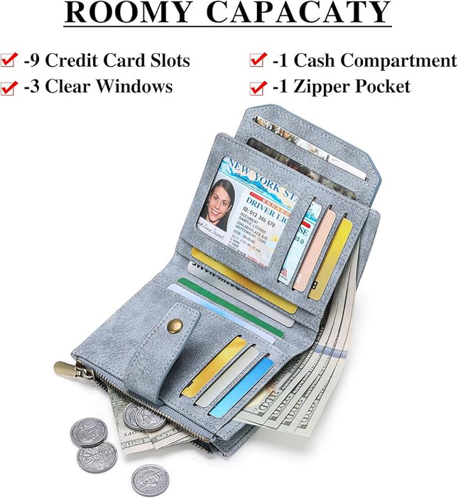 FALAN MULE Small Wallet for Women Leather Bifold Compact RFID Blocking with ID Window