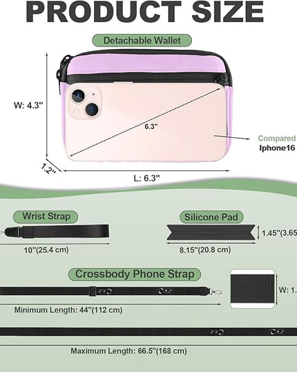 Clip and Go Strap for Phone with Wallet Crossbody, Adjustable Phone Lanyard with Detachable RFID Wristlet Wallet & Ultra-Thin 360° Rotatable Metal Tabs for All Smartphones (Purple)