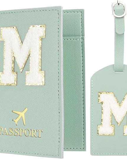PATIKIL Passport Holder for Travel, Initial Passport Cover and Luggage Tag Set with Alphabet Chenille Letter Patch Travel Wallet Bag Suitcase Identifier for Women Family Travel Green M