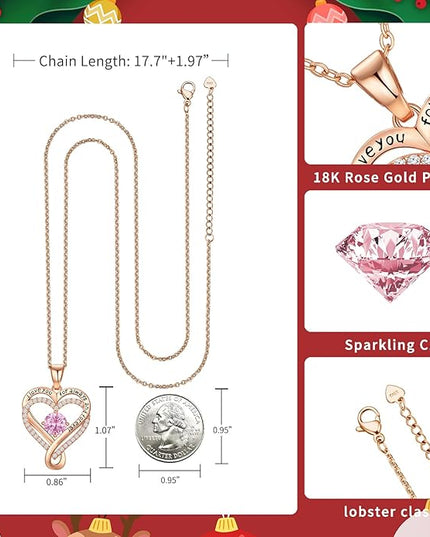 Infinity Love Heart Birthstone Necklace for Women Wife, S925 Sterling Silver Anniversary for Women Wife Birthday Gift for Her Girlfriend Mom Daughters, I Love You Women's Jewelry 18k Rose Gold Filled