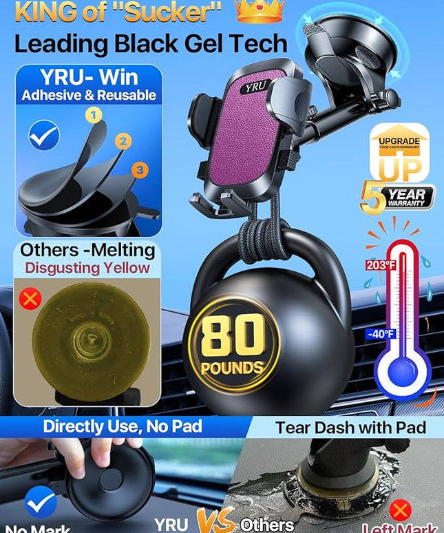 YRU [True Upgrade for Safety] Car Phone Holder Mount [Patent & Military-Grade] Dashboard Cell Phone Holder for Car Vent Windshield Phone Stand for iPhone 17 16 15 14 13 Pro Max Truck Samsung, Purple