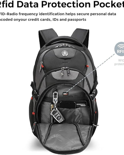 Swissdigital Design Laptop Backpack with USB Charging Port, Travel Backpack Fits 15.6 inches Computer, 31L College School Backpack for Men, Black/Grey | SD803-02