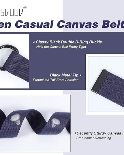 JASGOOD Men Canvas Belt Web Fabric Casual Belt with Black Double D-ring 1 1/2" Wide Set of 2