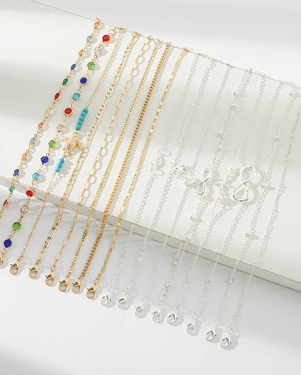 Starain 12Pcs Summer Beach Anklets for Women Waterproof Gold Silver Chain Ankle Bracelets Cute Women's Foot Anklet Set 7.9-10.5 inch Adjustable