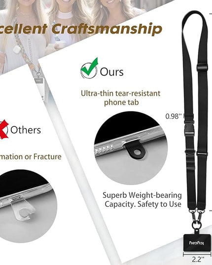 Phone Lanyard Crossbody, Black Cell Phone Lanyard for Around The Neck Adjustable Phone Strap, Anti Theft Long Lanyard for iPhone Case ID Holder Keys Phone Accessories Travel Essential for Women