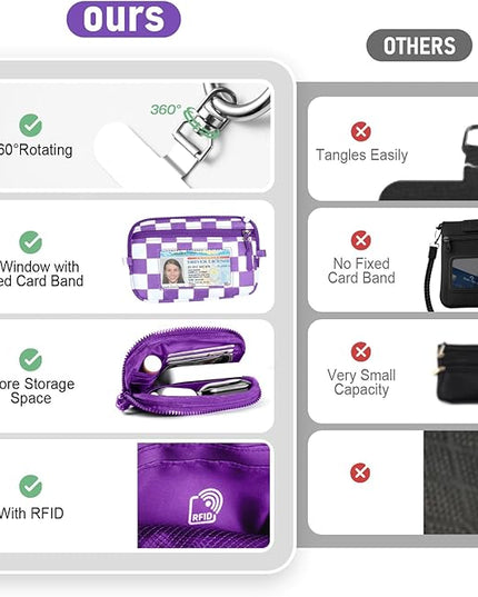 Clip and Go Strap for Phone with Wallet Crossbody Phone Lanyard and Detachable Checkered Bag with ID Window and RFID Pouch for Daily Travel.