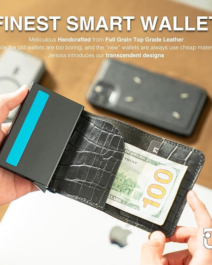 Jenoss Smart Wallet For Men: Full Grain Leather, Handcrafted, Slide Metal Pop Up Case, Slim RFID Blocking Credit Card Holder, Minimalist Compact, 6-8 Cards Organizers, Front Pocket, Money Clip (Black)