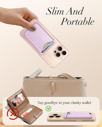 Shorogyt Compatible with Magsafe Wallet Magnetic Card Holder - Glitter Light Purple Phone Wallets for Women Teen Girls for iPhone 17/16/15/14/13/12 Series Slim for Apple Mag RFID Magnet, Fit 3 Cards