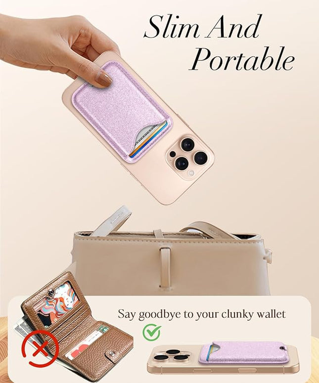 Shorogyt Compatible with Magsafe Wallet Magnetic Card Holder - Glitter Light Purple Phone Wallets for Women Teen Girls for iPhone 17/16/15/14/13/12 Series Slim for Apple Mag RFID Magnet, Fit 3 Cards