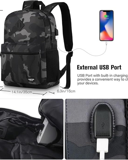 YAMTION School Backpack,Classic Bookbag Men and Teen Boy Schoolbag with USB Charging Port for High School College Office Work Travel