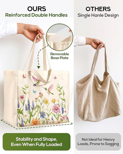 Large Canvas Grocery Tote Bag - Reusable Extra Large Shopping Shoulder Bags with 6 Inner Pockets & 2 Handle Strap