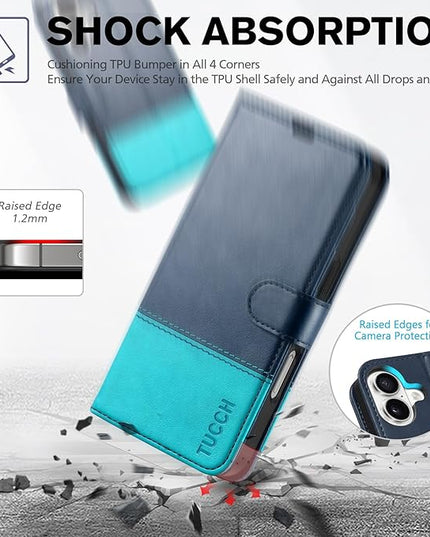 TUCCH Wallet Case for iPhone 16, [RFID Blocking] [4 Card Slots] TPU Interior Protective Case, Magnetic Folio Shockproof PU Leather Stand Flip Cover Compatible with iPhone 16, Dark Blue&Lake Blue