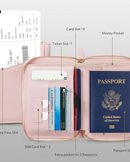 CoBak Passport Holder Cover with Safe Zipper Closure, Premium Passport Wallet for Travel, RFID Blocking Card Case, Waterproof Travel Accessories for Women, Pebbled Pink