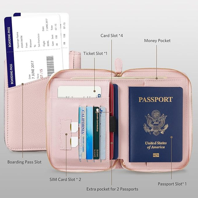 CoBak Passport Holder Cover with Safe Zipper Closure, Premium Passport Wallet for Travel, RFID Blocking Card Case, Waterproof Travel Accessories for Women, Pebbled Pink