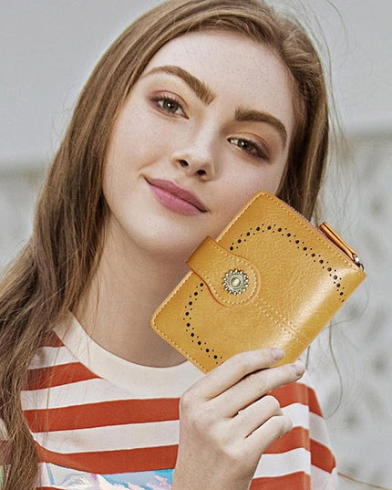 TFKGS Small Womens Wallet Leather RFID Blocking Bifold Compact Card Holder Ladies Zipper Accordion Pocket with ID Window Yellow