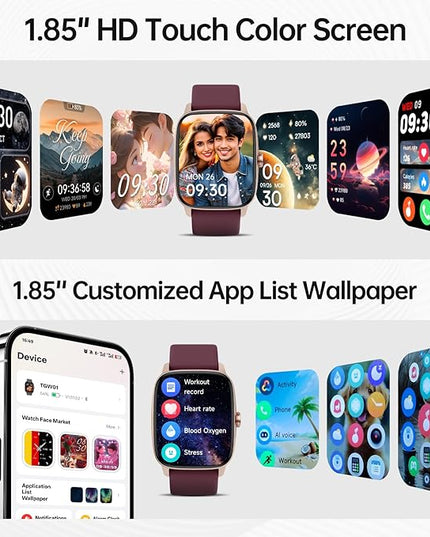 Smart Watches for Women Men with Bluetooth Call & AI Voice, 1.85" HD Fitness Tracker with Heart Rate SpO2 Sleep Monitor, 100+ Sports Modes,Mini Games, IP68 Waterproof Smartwatch for Android iOS Phones