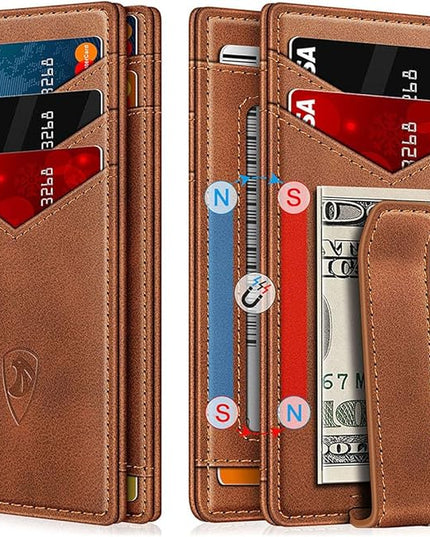 ZALVEX Wallet for Men Slim Leather Wallets for 12-15 Cards, Minimalist Thin RFID Blocking Card Holder with Money Clip & ID Window, Small Bifold Front Pocket Wallet, Gifts for Men