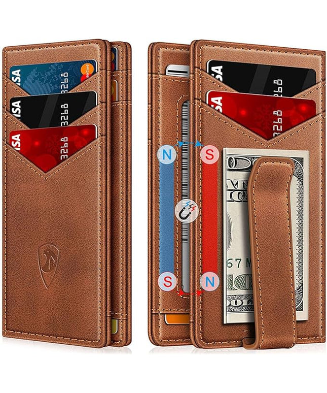 ZALVEX Wallet for Men Slim Leather Wallets for 12-15 Cards, Minimalist Thin RFID Blocking Card Holder with Money Clip & ID Window, Small Bifold Front Pocket Wallet, Gifts for Men