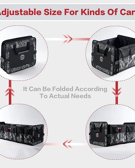 LIBZAKI Car Trunk Organizer,3 Compartments Big Trunk Storage, Large Capacity, Foldable, 95L Heavy Duty Storage Box for Car, SUV, Truck,Jeep, Includes 26L Cooler Bag-Black Camouflage