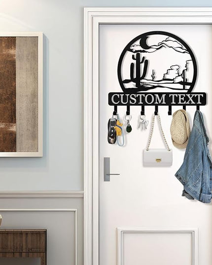 KAINSY Personalized Key Holder for Wall, Custom Cactus Metal Key Hanger, Desert Key Rack Coat Rack, Key Hooks Wall Art Decor, Key Holder Wall Mount Organizer for Dormitory, Entryway, Garden, Office