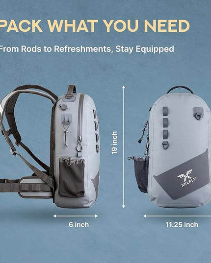 Xelfly - Waterproof Fishing Backpack with Rod Holder, Inflatable Air Valve, Padded Waist Straps & Gear Loops - Submersible Zipper, Rugged Top Handle, Adjustable Attachments (Blue)