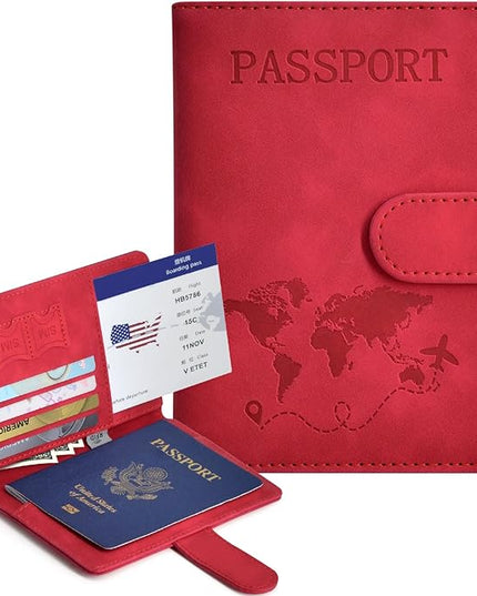 Passport Holder, Passport Cover with Credit Card Slot and Boarding Pass Slot Combo, Passport Wallet Case Book Travel Must Have, RFID Blocking Leather Travel Accessories, Red